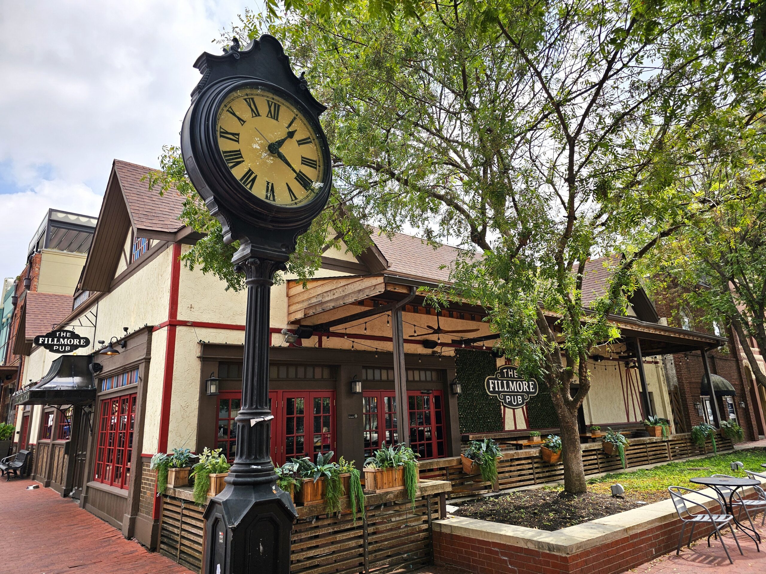 Downtown Plano clock and The Fillmore Pub restaurant & patio. PC: Michelle Joy, Harbors & Havens blog